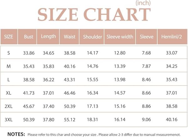 Womens Casual Summer Dress size chart